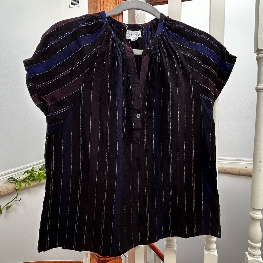 Velvet by Graham & Spencer Striped V-Neck Blouse - Black/Navy/Purple